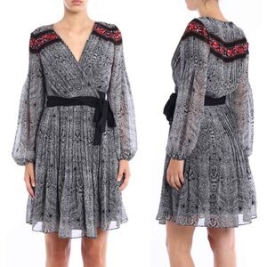 Diane Von Furstenberg Bianka Pleated Floral True Wrap Black White Red Dress S